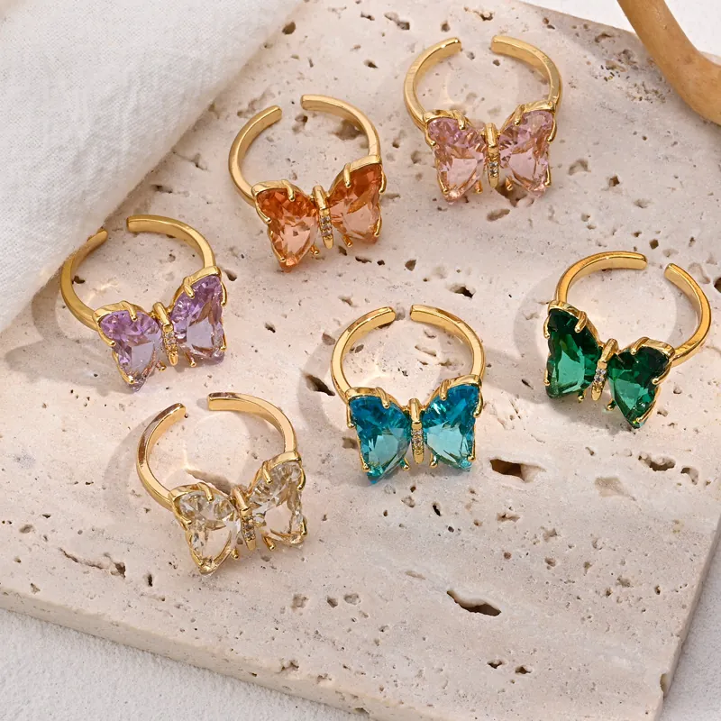 Brass Butterfly Open Ring Adjustable Rhinestone Inlaid Gold Plated Elegant Fashion Jewelry Finger Ring For Women Gift