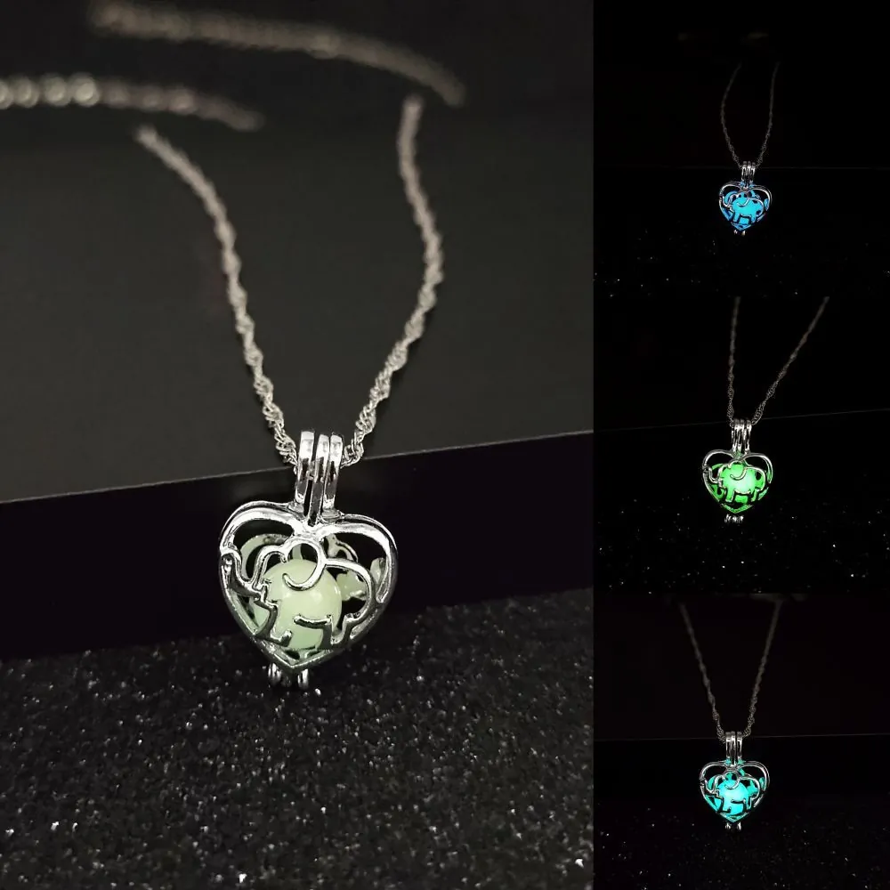 Luminous Elephant Heart Pendant Necklace Glow In The Dark Hollow Heart Alloy Chain Jewelry For Women Men Gift