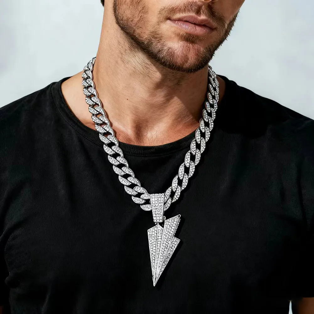 Iced Out Hip Hop Lightning Bolt Pendant Necklace Zirconia Zinc Alloy Metal Cuban Rope Chain For Men Streetwear Jewelry