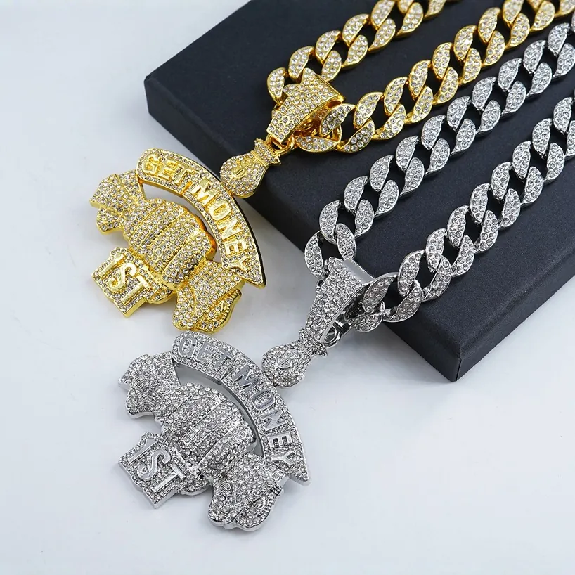 Hip Hop Get Money 1ST Fist Money Bag Pendant Necklace Zinc Alloy Rhinestone Iced Out Cuban Link Chain Jewelry For Men Women