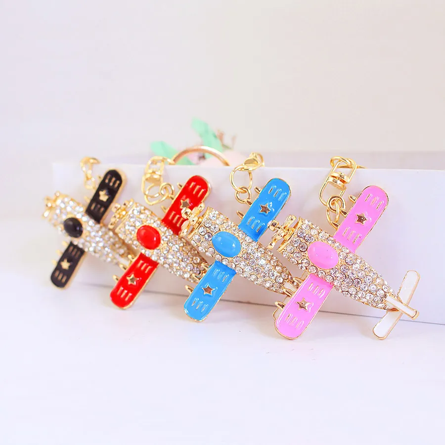Alloy Rhinestone Fighter Jet Airplane Model Keychain Metal Propeller Aircraft Pendant Gift For Boyfriend Men Accessories