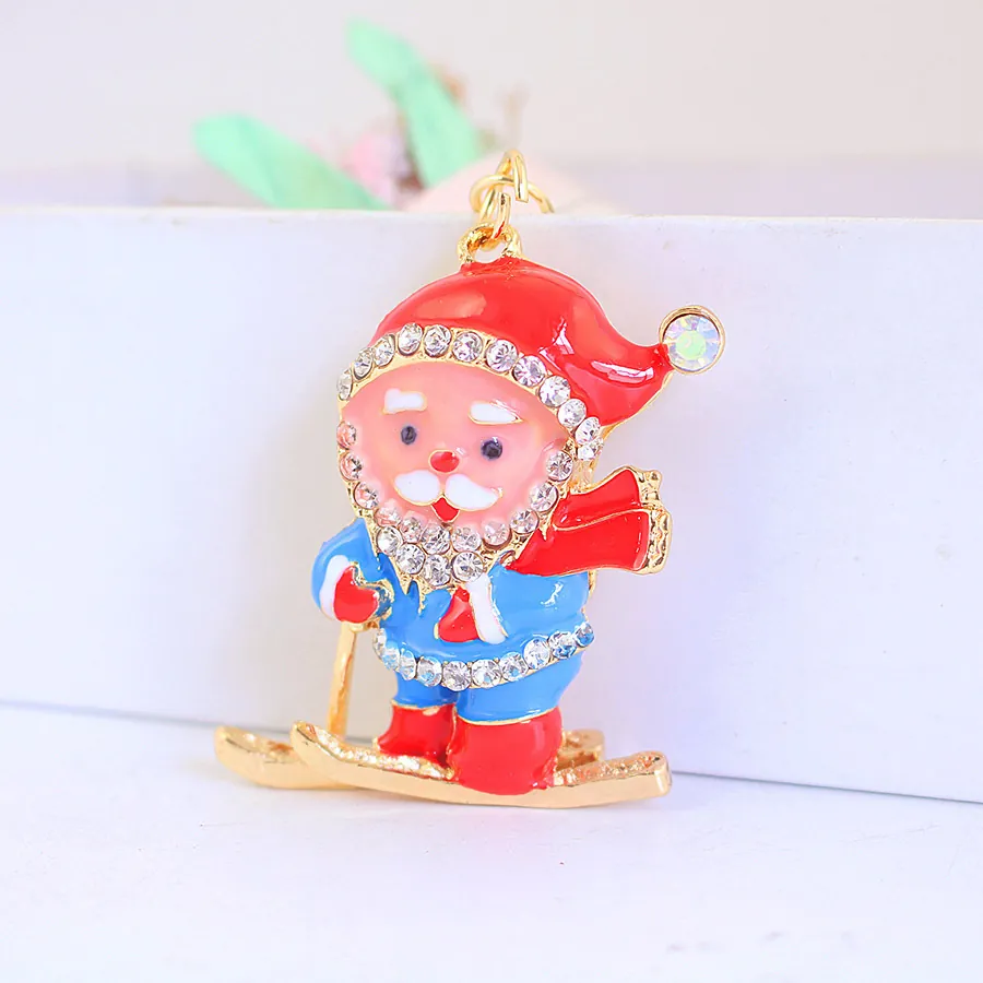 Cute Skiing Santa Claus Zinc Alloy Keychain With Rhinestone Enamel Christmas Gift Pendant Keyring For Car Bag Women Jewelry