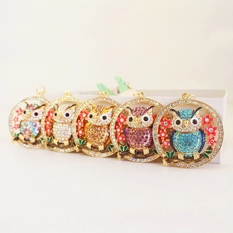 Cute Owl Keychain Zinc Alloy Rhinestone Enamel Floral Animal Pendant Keyring Fashion Bag Charm Jewelry Craft Gift For Women