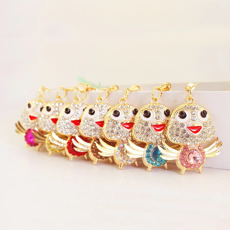 Creative Cute Crystal Wing Chick Rhinestone Car Keychain Gold Zinc Alloy Animal Bag Pendant Charm Gift For Women Girls