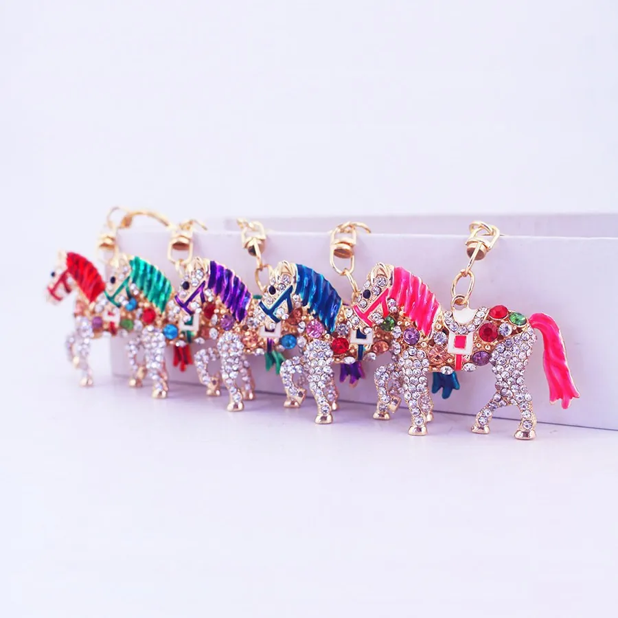 Cute Rhinestone Horse Keychain For Women Zinc Alloy Enamel Pony Bag Charm Pendant Metal Key Ring Decoration Accessory Gift