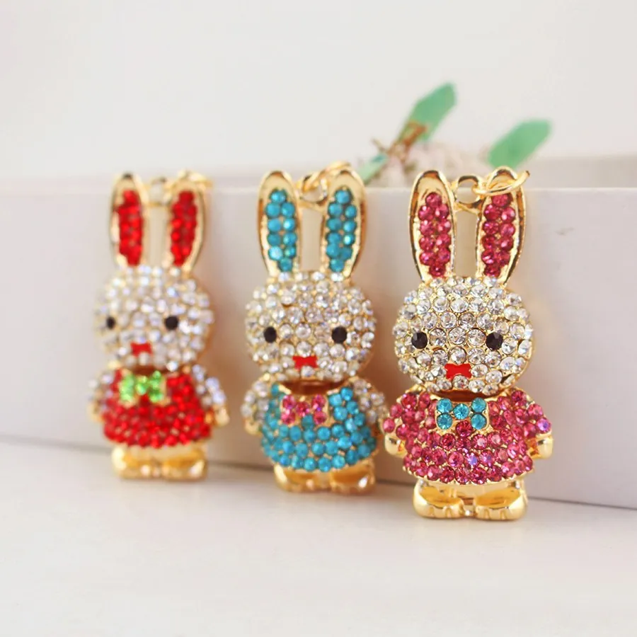 Cute Cartoon Long Eared Rabbit Keychain Zinc Alloy Sparkling Rhinestone Pendant For Women Bag Decorative Charm Gift