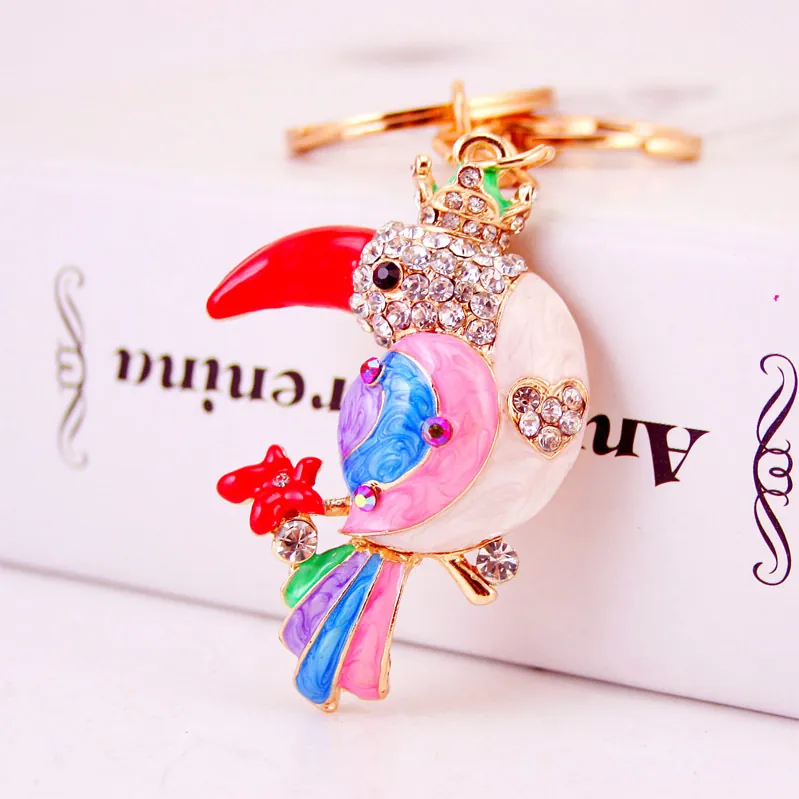 Rhinestone Enamel Toucan Bird Keychain With Gold Alloy Base Lobster Clasp Cute Crown Animal Bag Charm Pendant Gift For Women