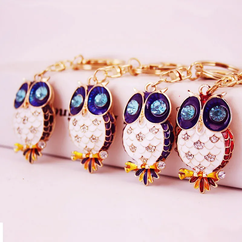 Porte-clés Chouette en Émail Strass pour Femmes Pendentif Animal en Métal Décoratif Anneau de Clé Bijoux de Mode Cadeau