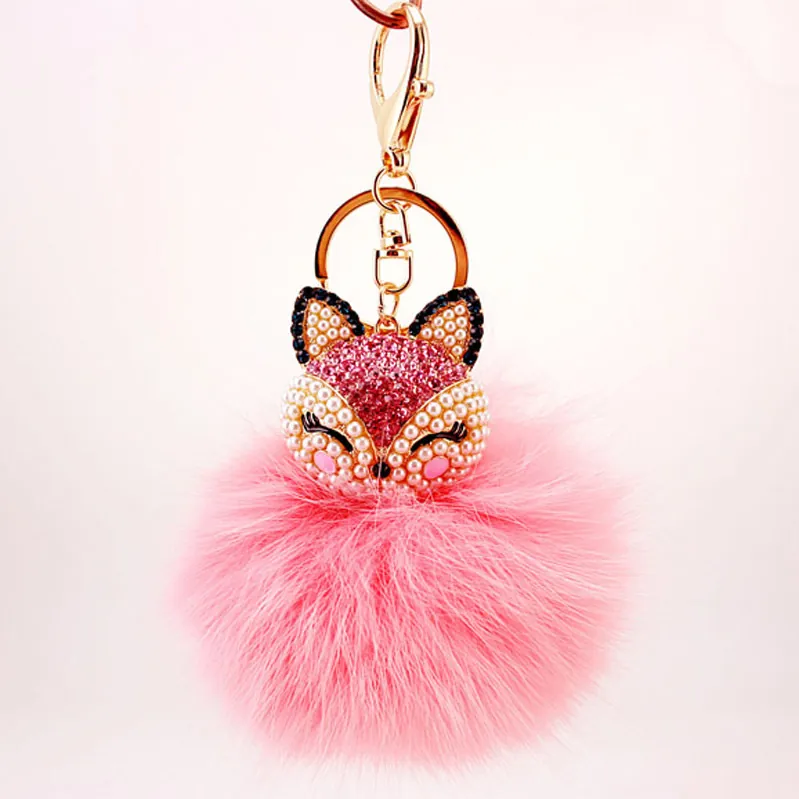 Fox Head Rhinestone Faux Fur Ball Keychain Metal Pendant Fashion Bag Charm For Women Gift Accessory