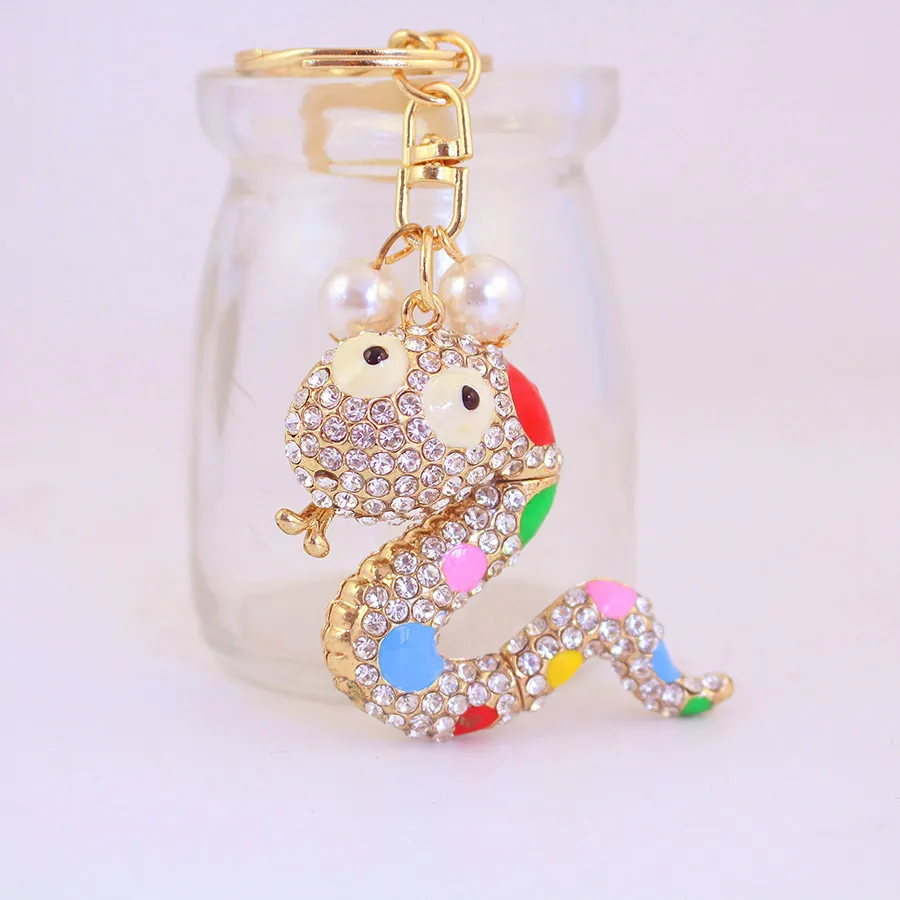 Colorful Enamel Rhinestone Snake Keychain Alloy Imitation Artificial Pearl Bag Charm Luxury Animal Pendant For Women Accessory Gift