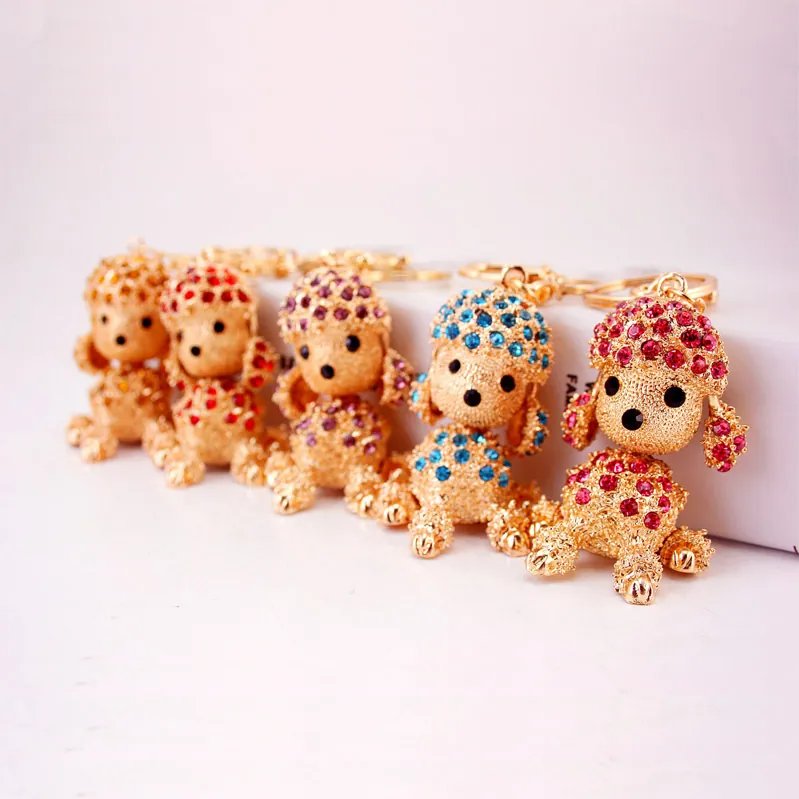 Cute Rhinestone Poodle Keychain Zinc Alloy Metal Dog Bag Pendant Luxury Sparkling Animal Keyring For Women Car Keys Gift