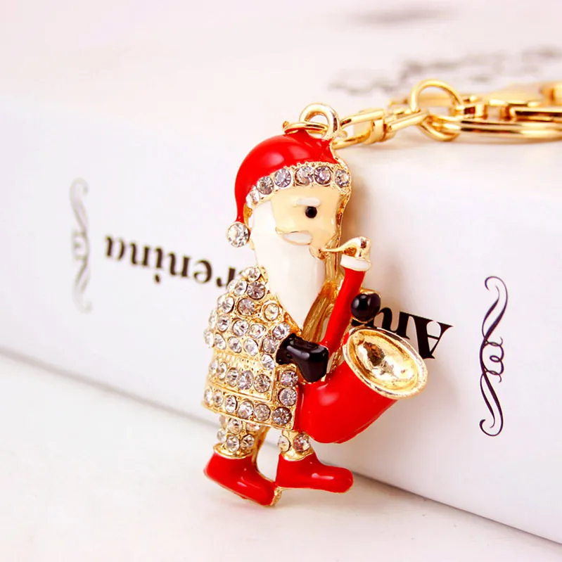 Père Noël Jouant Du Saxophone Porte-Clés Alliage Or Strass Émail Pendentif Sac Cadeau De Vacances Pour Femmes