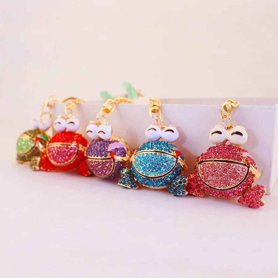 Mignon Porte-clés Grenouille de Dessin Animé Incrusté de Strass Alliage de Zinc Pendentif de Sac Brillant Anneau de Clé Métal Cadeau