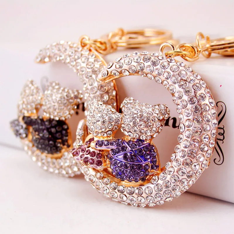 Cute Cartoon Rhinestone Moon Bear Keychain Zinc Alloy Sparkling Couple Bag Pendant Creative Metal Key Ring For Women Gift