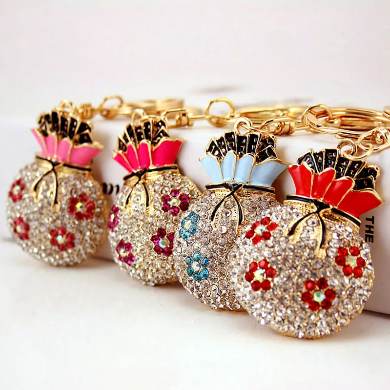 Lucky Money Bag Keychain Zinc Alloy Rhinestone Inlaid Floral Enamel Pendant For Bags Women Gift Accessories Key Ring