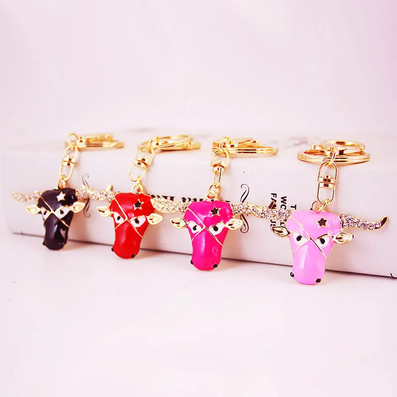 Fashion Bull Head Zinc Alloy Keychain For Women Men Car Bag Sparkling Rhinestone Enamel Pendant Key Ring Gift Accessory