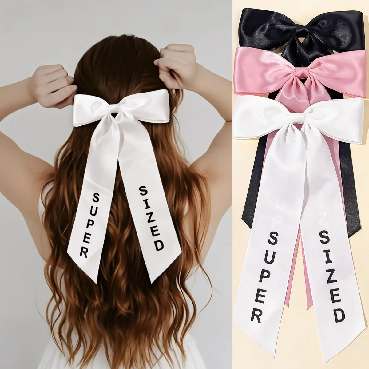 Large Satin Bow Hair Clip With Long Streamers Elegant Super Sized Letter Print Spring Clip Hair Accessories For Women Party