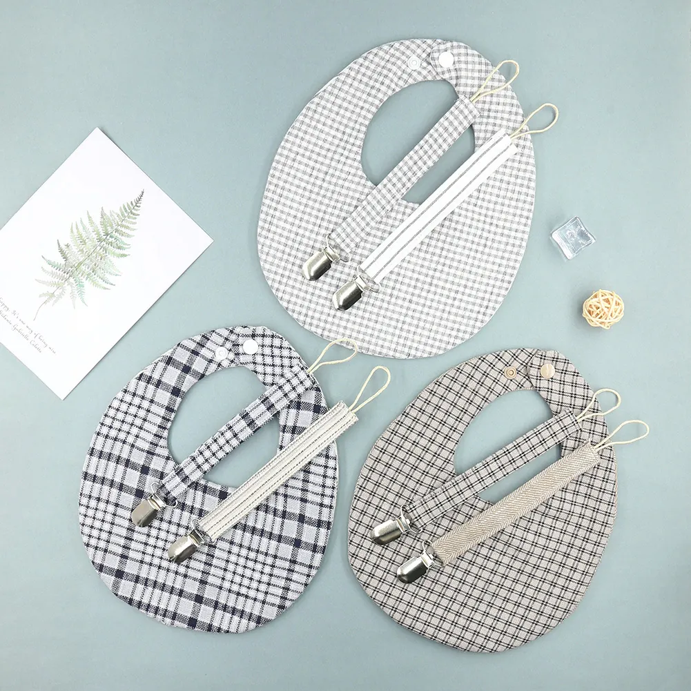 Reversible Cotton Baby Bib And Pacifier Clip Set Plaid Striped Drool Bibs With Metal Clips For Infants Newborns Toddlers
