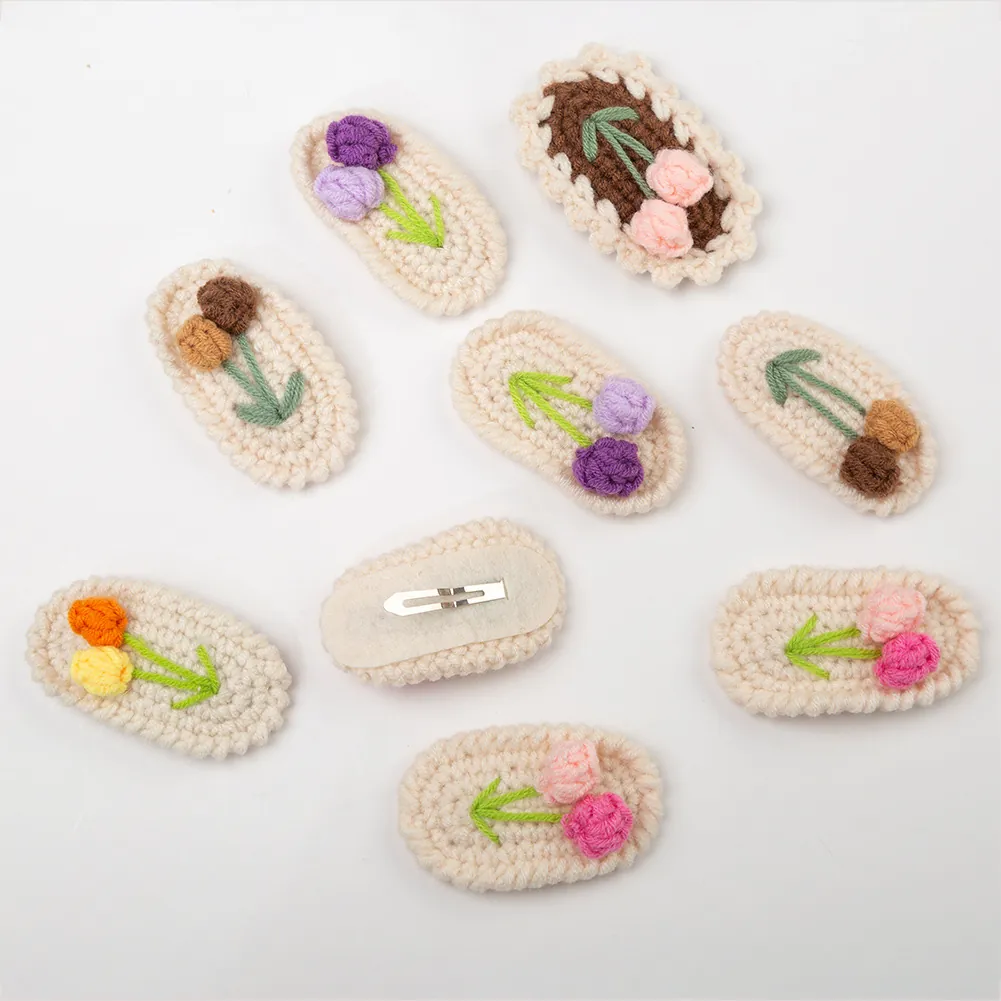 Handmade Knitted Tulip Flower Hair Clips For Girls Sweet Pastoral Style Wool Crochet BB Clips Cherry Hairpin Accessories