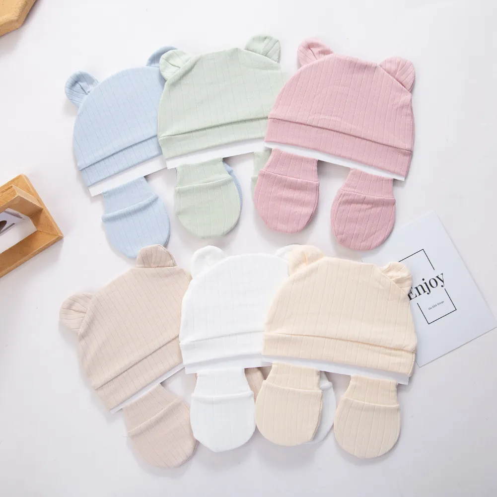 Conjunto de Gorro Y Mitones para Bebé Recién Nacido de Algodón Orgánico Orejas de Oso Punto de Canalé Accesorios de Protección