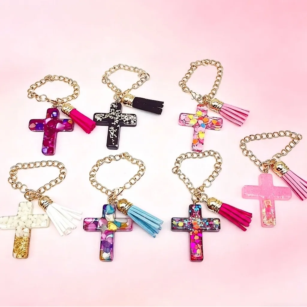 Resin Cross Charm Cup Chain With Glitter Shell Gold Foil Inlay Tassel Decoration Metal Hook For Water Bottle Bag Accessory