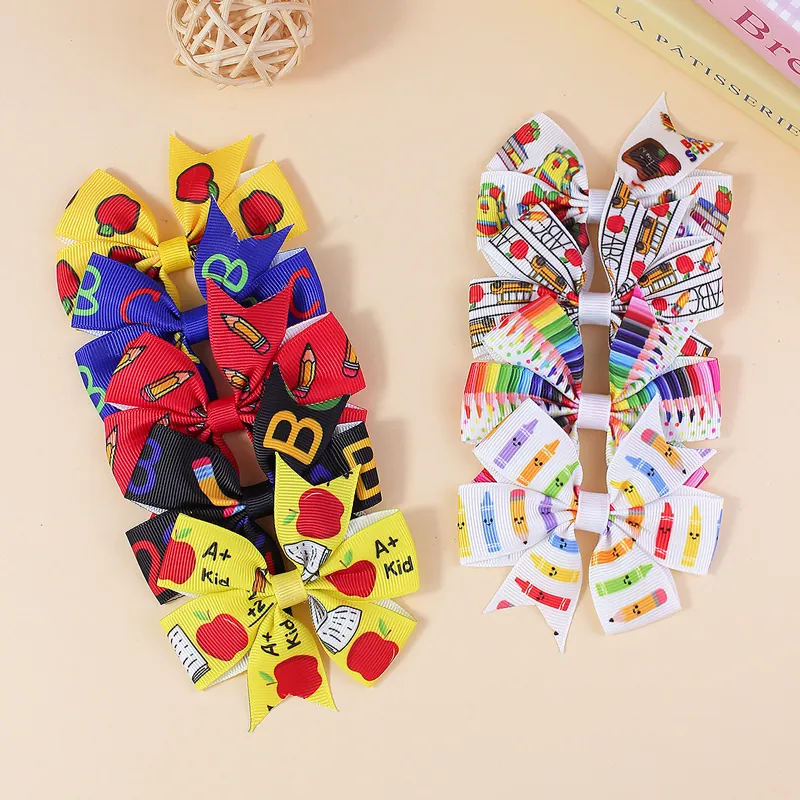 Handmade Kids School Season Bow Clips Polyester Ribbon Bowknot Back To School Print Pencil Apple ABC Pattern Hairpins