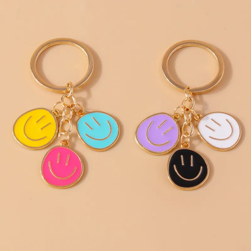 Enamel Smiling Face Keychain Gold Alloy Round Smile Charms Key Ring Pendant For Women Kids Bag Accessories Birthday Gift