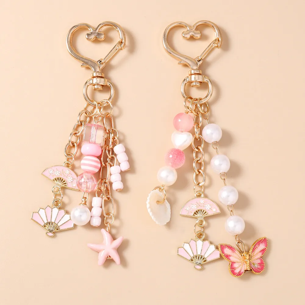 Sweet Girly Heart Starfish Shell Butterfly Fan Keychain Gold Alloy Beaded Bag Pendant Jewelry With Artificial Pearl