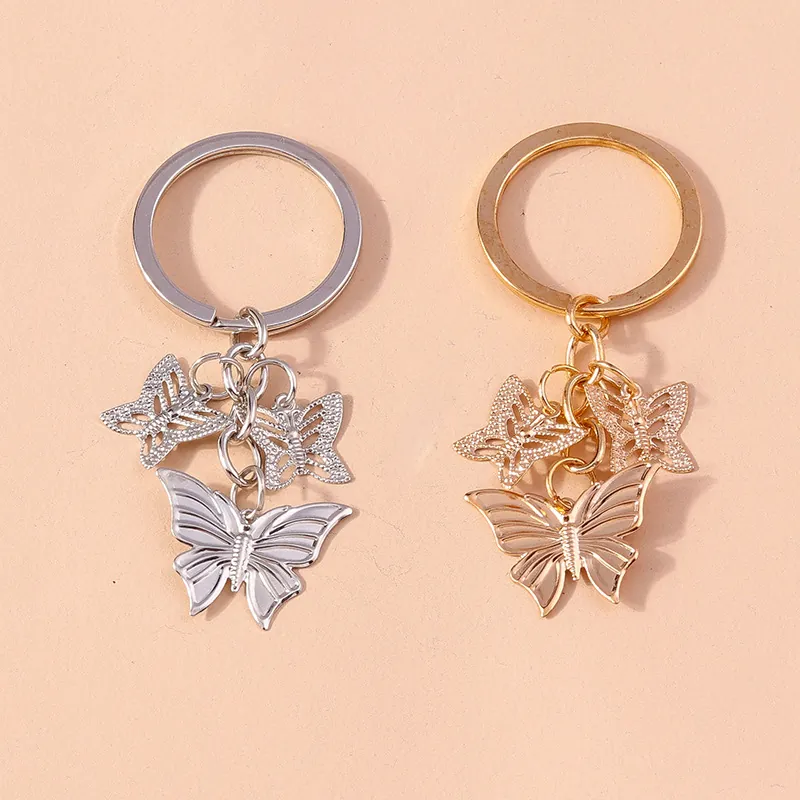 Fashion Alloy Metal Butterfly Keychain Hollow Carved Pendant Gold Silver Butterfly Key Ring Hanging Ornament For Women Bag Decor