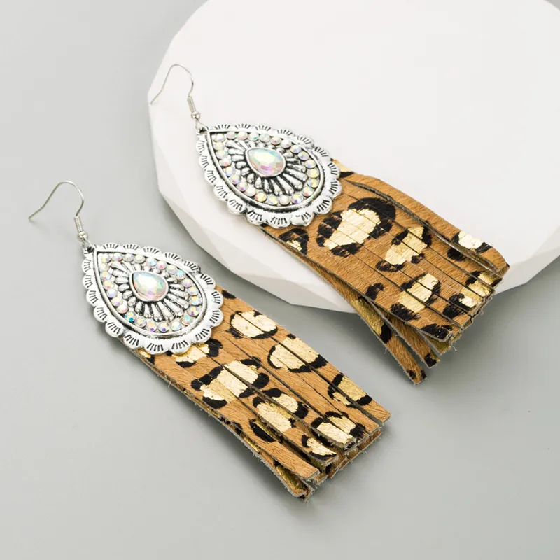 Bohemian Vintage Leopard Print Leather Tassel Earrings For Women Silver Alloy Rhinestone Inlaid Teardrop Dangle Earrings Fashion Jewelry