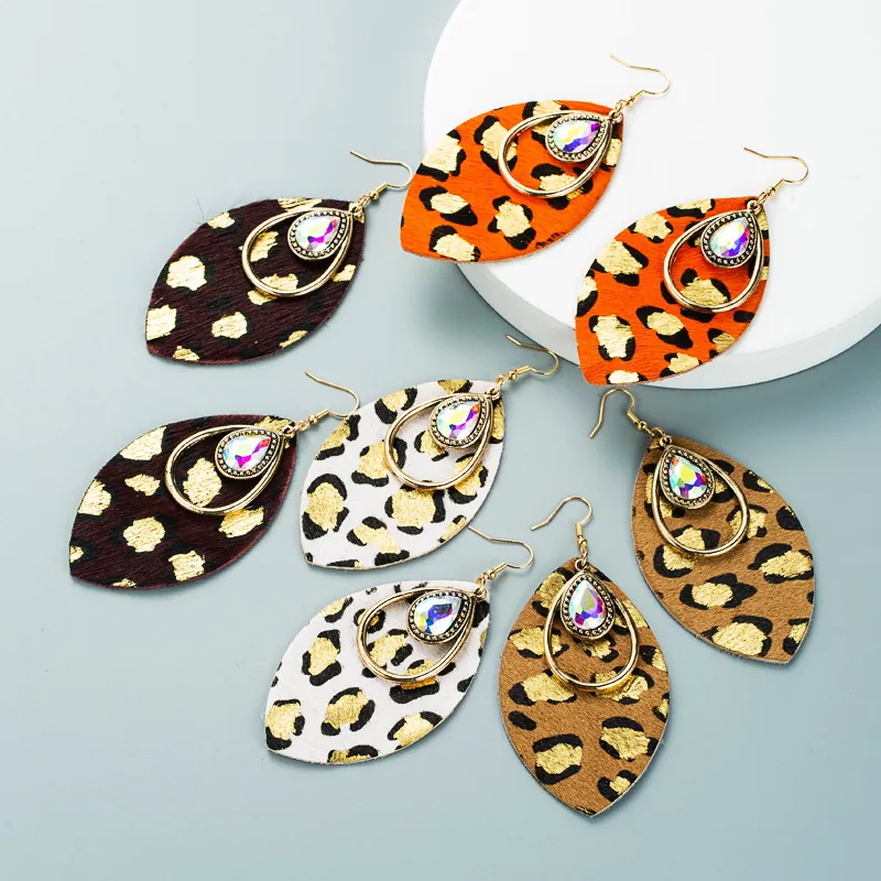 Orecchini a Foglia con Stampa Leopardata Bohemian per Donna Vintage Esagerati in Lega Pelle Artificiale Strass Orecchini Pendenti Gioielli di Moda