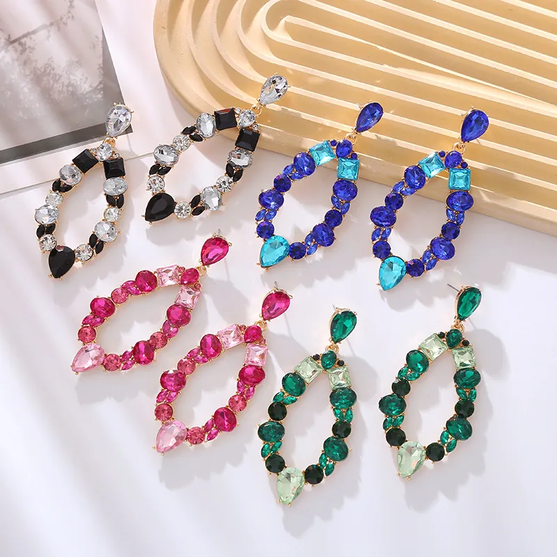 Vintage Alloy Rhinestone Dangle Earrings Bohemian Large Geometric Oval Hollow Drop Statement Earrings For Women Banquet Party Prom Jewelry