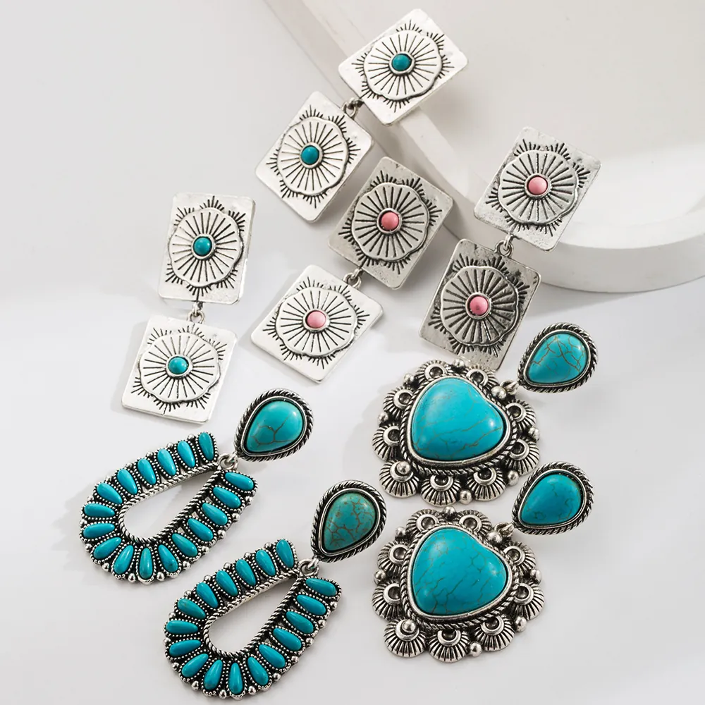 Bohemian Vintage Turquoise Earrings Alloy Inlaid Synthetic Stone Ethnic Drop Dangle Earrings Women Western Retro Style Jewelry Accessory