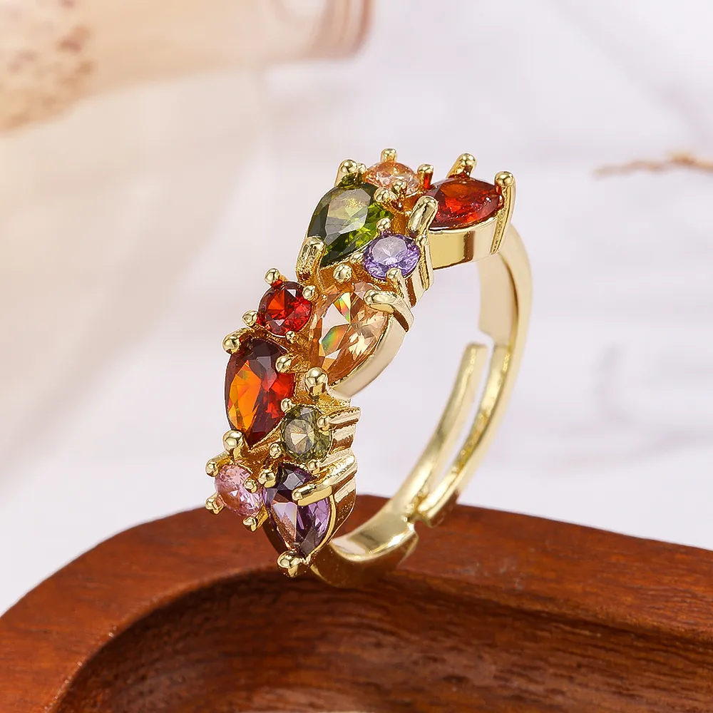Fashion Copper Colorful Zirconia Open Adjustable Ring For Women Gold Silver Plated Crystal Floral Cluster Finger Ring Jewelry