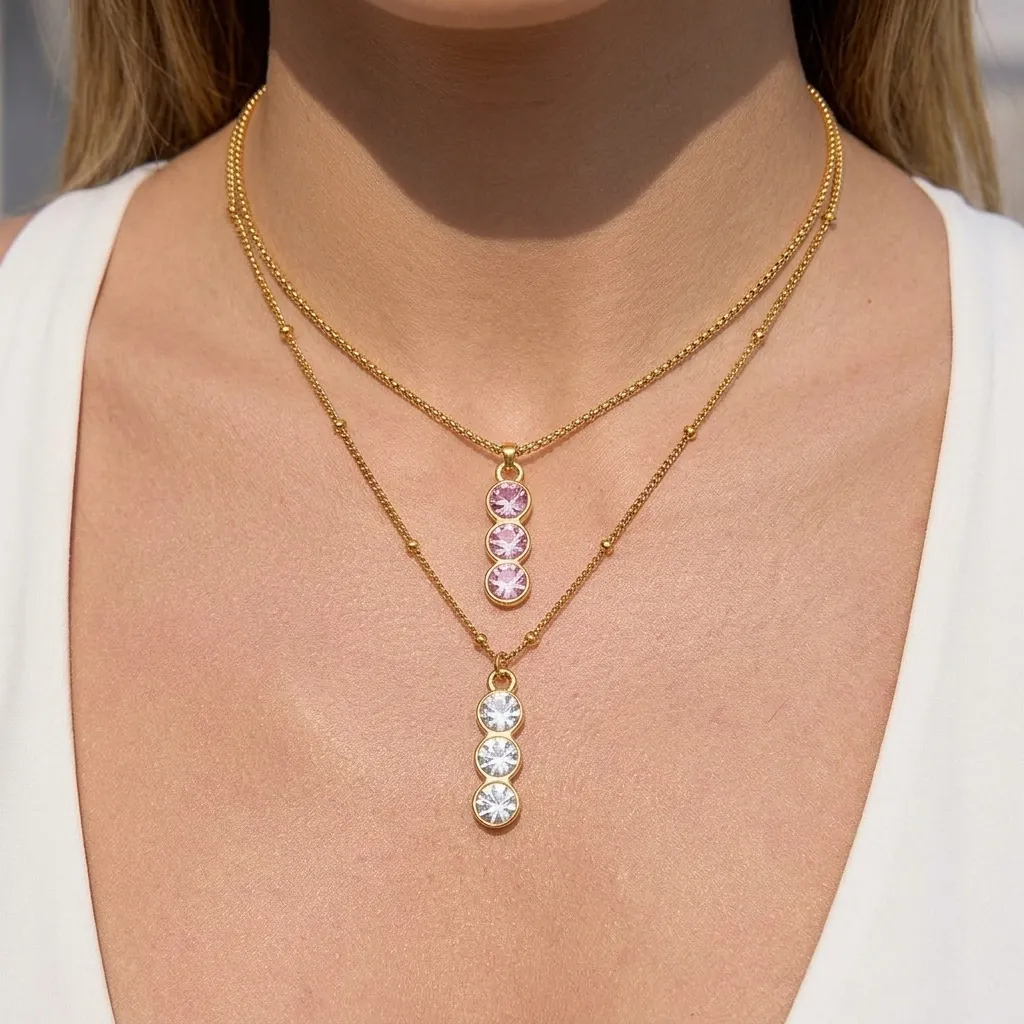 Stainless Steel Necklace With Zircon 3-Stone Vertical Pendant Beaded Chain Waterproof Hypoallergenic Jewelry For Women