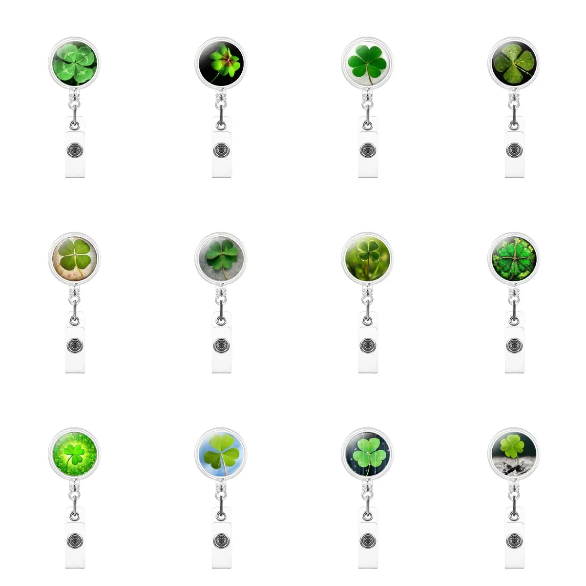Lucky Four Leaf Clover Retractable Badge Reel Swivel Clip Back ID Card Holder For Nurse Teacher Office Staff Work Badge Holder