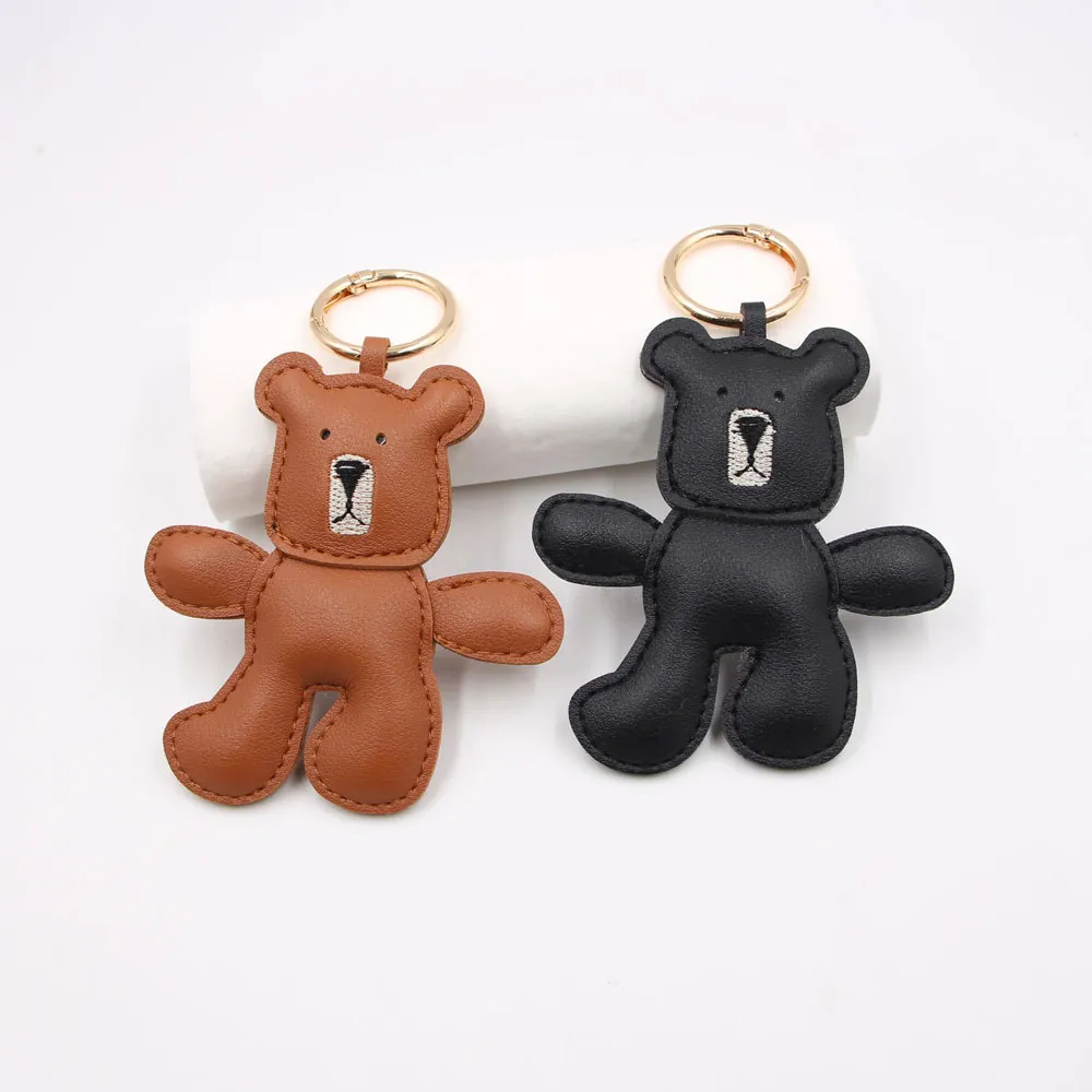 Cute Synthetic Leather Bear Keychain Embroidery Animal Bag Charm Cartoon Teddy Bear Pendant With Metal Ring Ornament