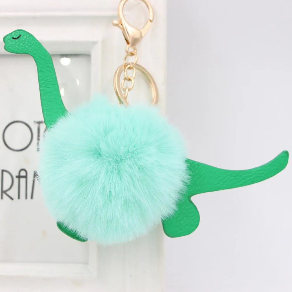 Creative Cartoon Dinosaur Plush Pom Pom Keychain Faux Fur Ball Bag Pendant Alloy Gold Lobster Clasp Car Charm Accessories