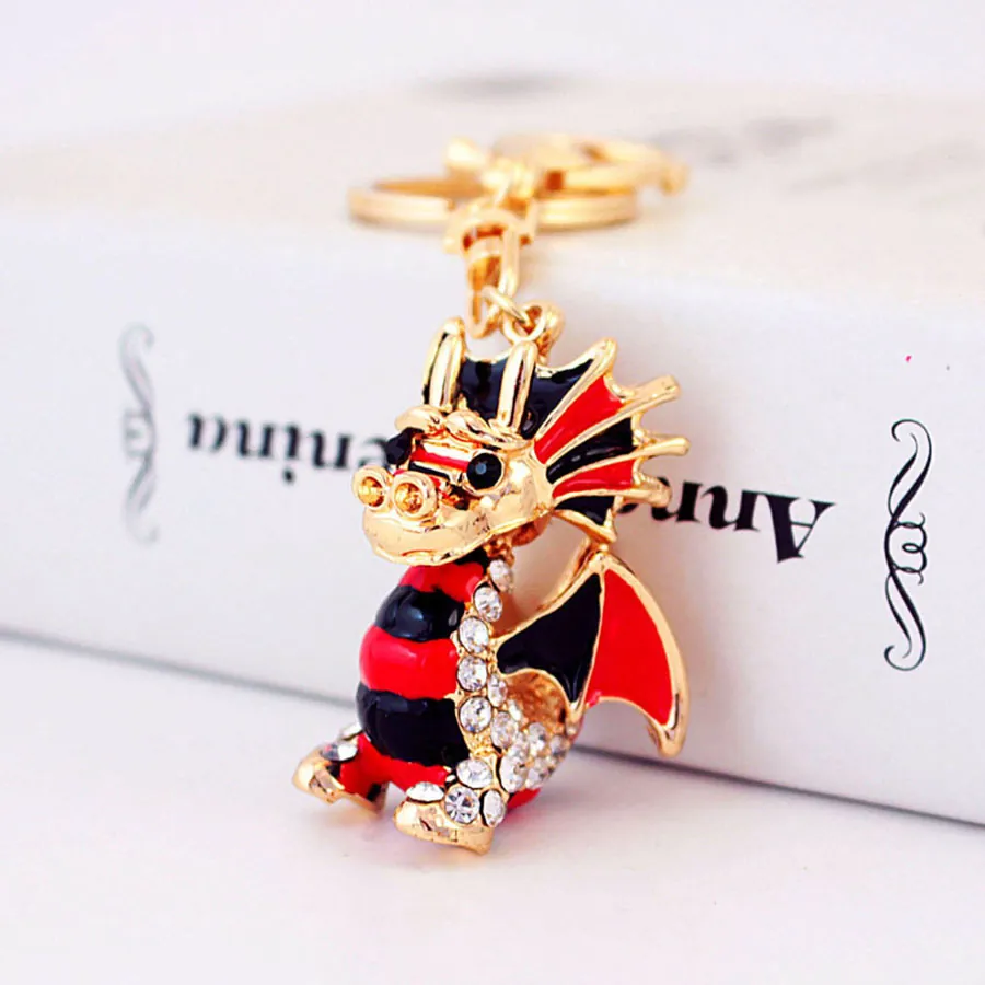 Cute Cartoon Rhinestone Dragon Keychain Zinc Alloy Enamel Bag Pendant Gold Animal Zodiac Keyring Gift For Women Men