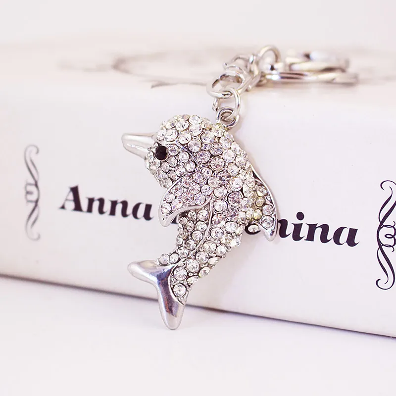 Sparkling Dolphin Rhinestone Keychain Zinc Alloy Animal Bag Charm Pendant With Lobster Clasp Silver Fashion Jewelry Accessories Gift
