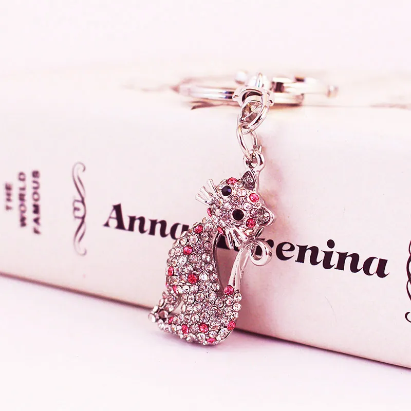 Adorable Porte-clés Chat en Strass Animal Alliage de Zinc Rose Argent Brillant Pendentif de Sac pour Femmes Filles Cadeau