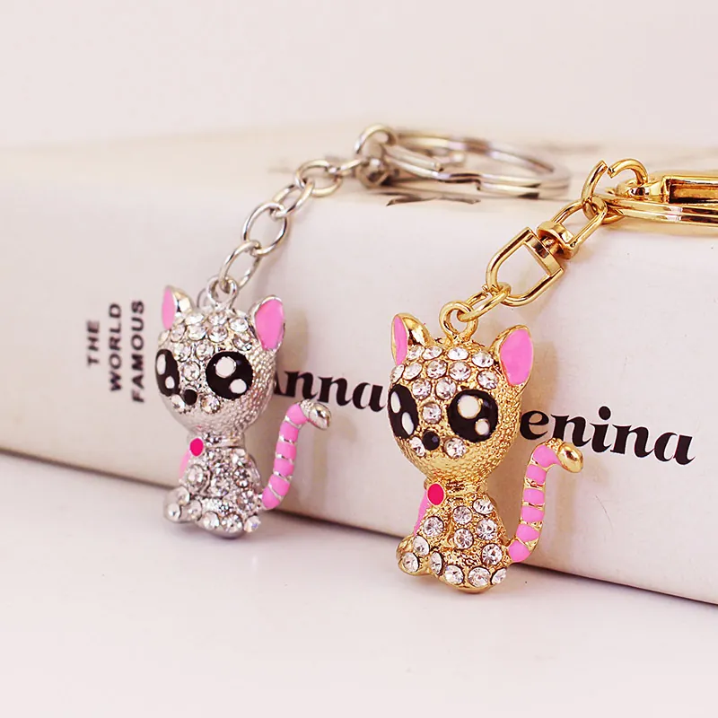 Cute Rhinestone Cat Keychain Zinc Alloy Enamel Kitten Bag Charm Car Key Ring Luxurious Jewelry Gift For Women