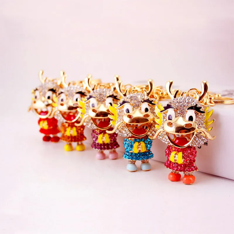 Chinese Style Cartoon Dragon King Keychain Zinc Alloy Inlaid Rhinestones Bag Charm Metal Zodiac Animal Pendant Gift Women