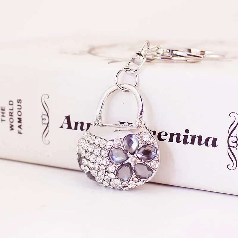 Creative Rhinestone Handbag Keychain Zinc Alloy Crystal Flower Purse Charm For Women Car Key Ring Accessory