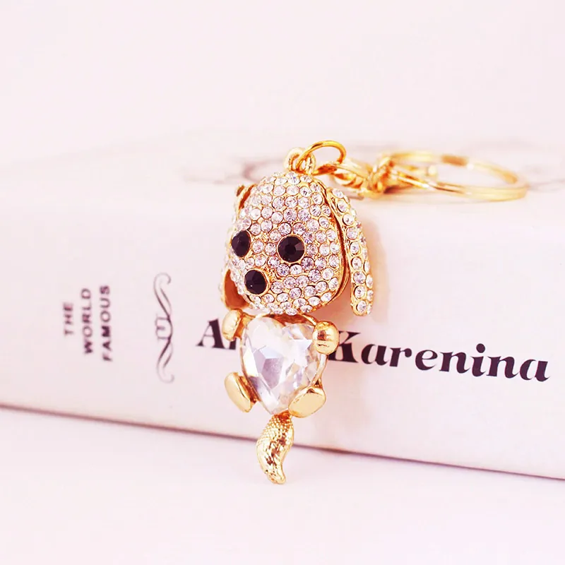 Mignon Porte-clés Chien en Cristal Alliage Strass Chiot Avec Pendentif Cœur Charme de Sac de Luxe Bijoux Cadeau Pour Femmes Filles