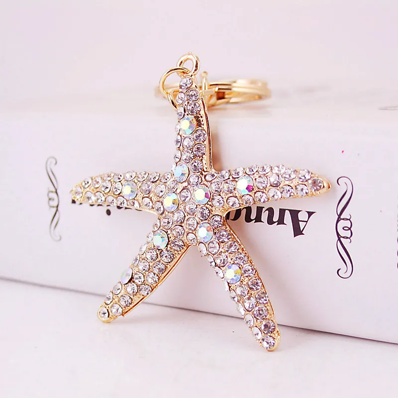 Creative Starfish Keychain Alloy Rhinestone Marine Animal Gold Plated Bag Pendant Charm Gift For Women Girls Jewelry