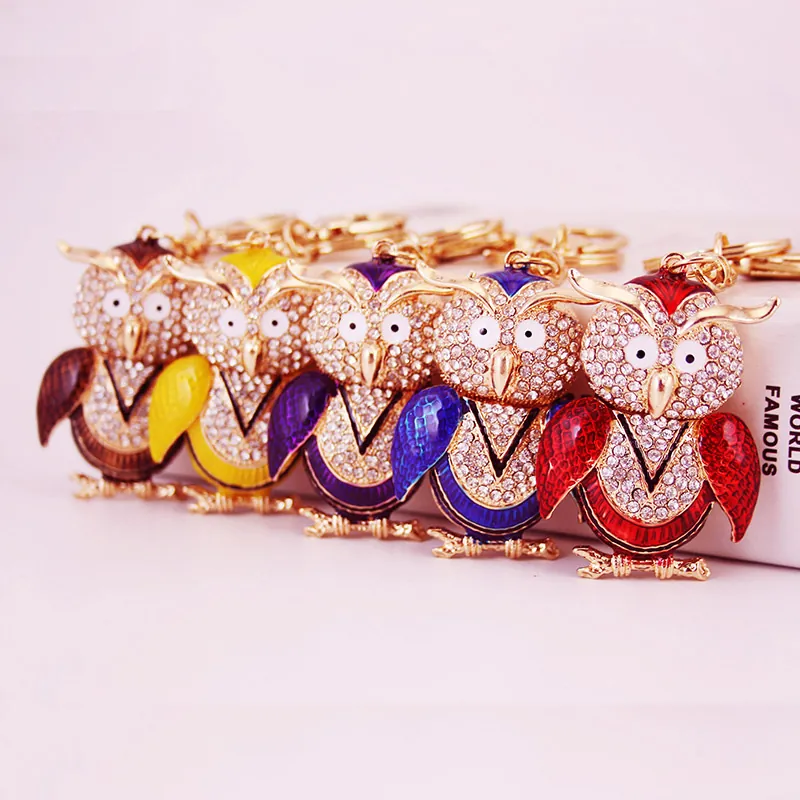 Cute Owl Keychain Alloy Rhinestone Enamel Animal Car Keyring Metal Charm For Bags Jewelry Accessory Women Men Gift