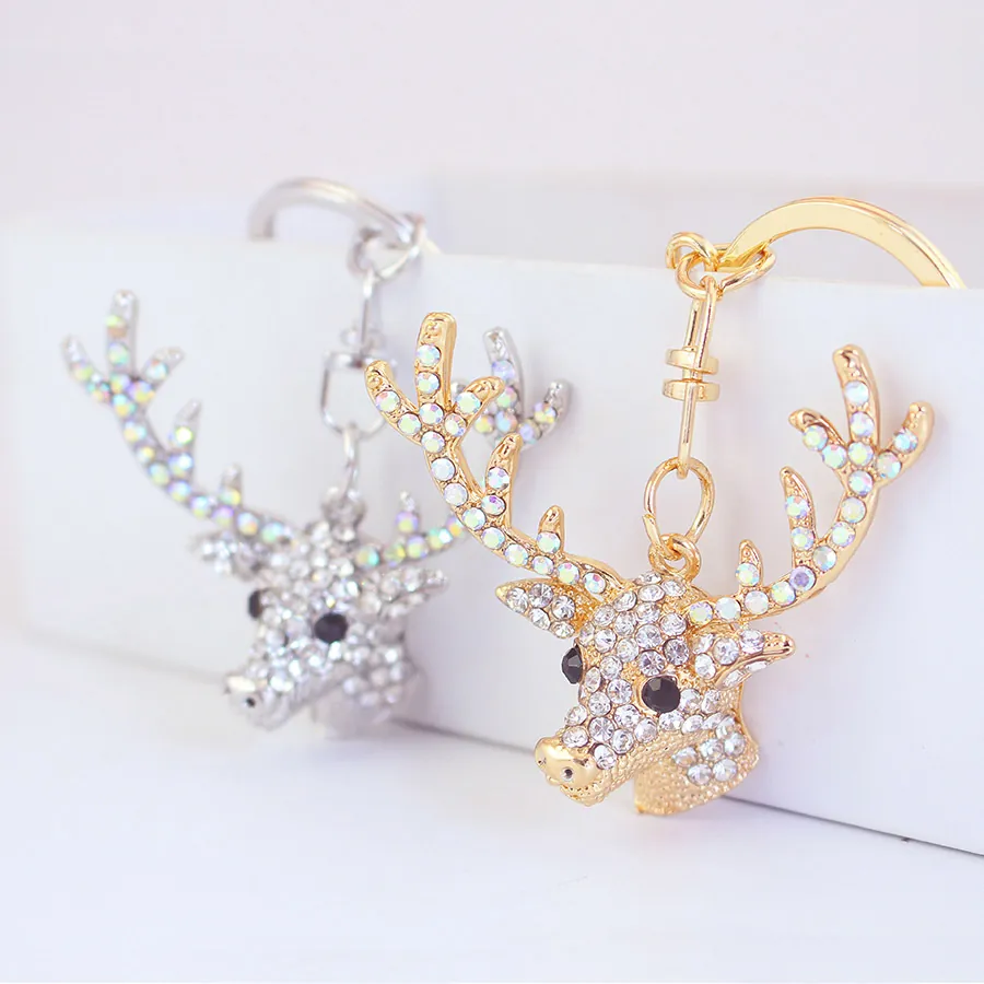 Fashion Zinc Alloy Rhinestone Reindeer Head Keychain Cute Animal Car Keyring Hanging Ornament Gift For Women Men Christmas