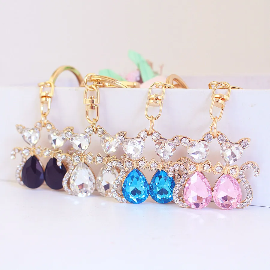 Cute Zinc Alloy Double Cat Keychain With Rhinestone Artificial Crystal Inlaid Animal Bag Charm Keyring Jewelry For Women Girls