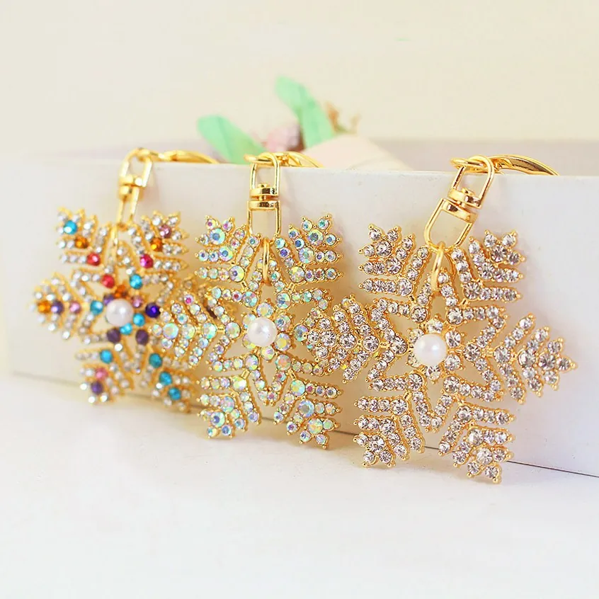 Porte-clés Flocon de Neige en Strass Alliage d'Or Künstliche Perle d'Imitation Noël Cadeau Festif pour Femme Accessoires de Sac